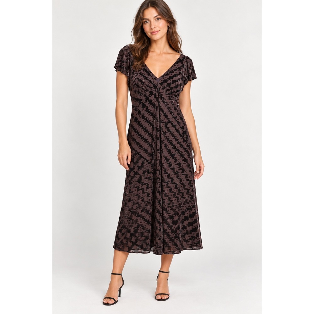 Calvin Klein Velvet Burnout Midi Dress Size 14 Brown Lined 90s Event
